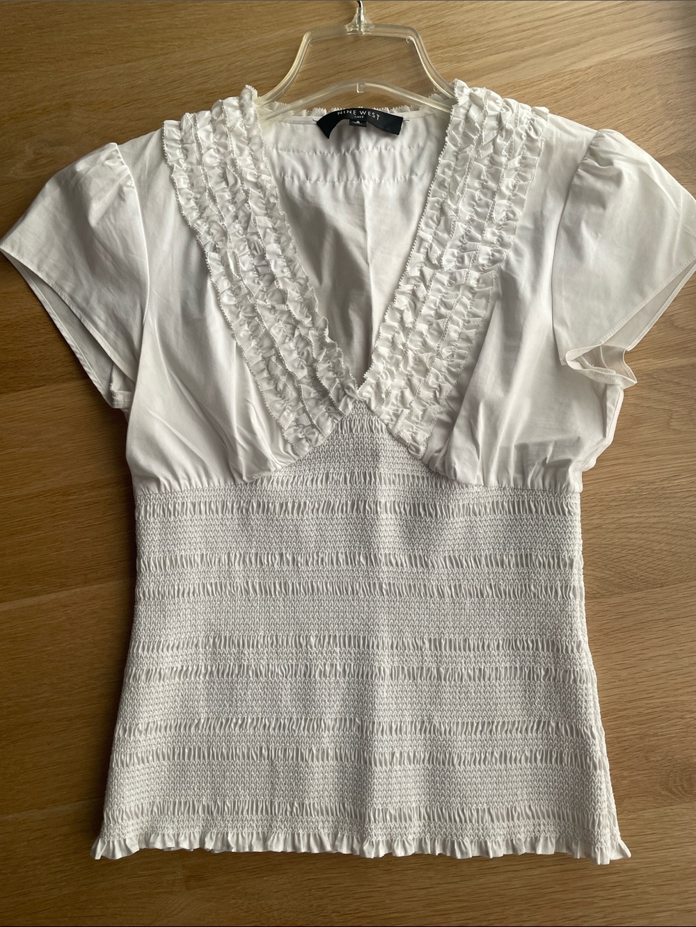 Nine West White Smocked V-Neck Ruffle Trim Top